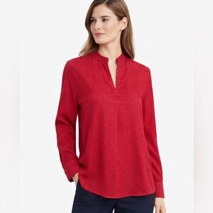 MM.LaFleur Red Blouse Textured Stripe Split Neck Blouse Size Small